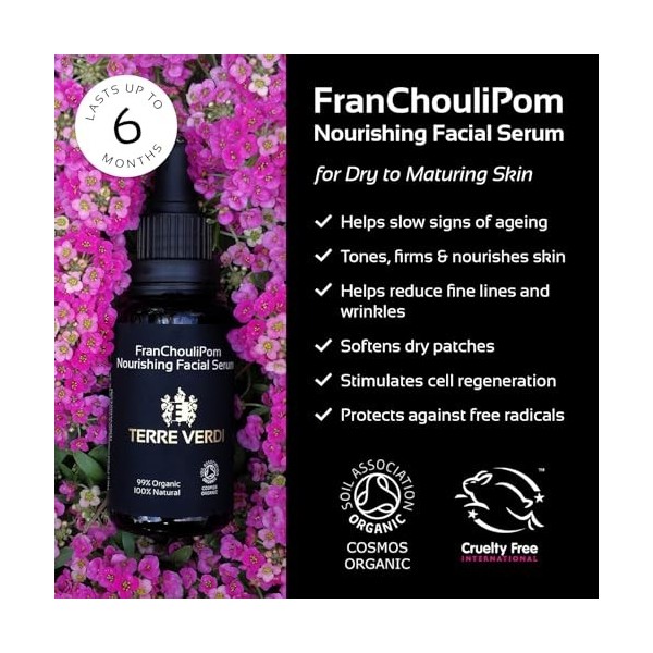 Sérum Visage FranChouliPom Terre Verdi – Soin naturel Visage – Pour les peaux matures - Encens, Patchouli, Grenade, Jojoba, e