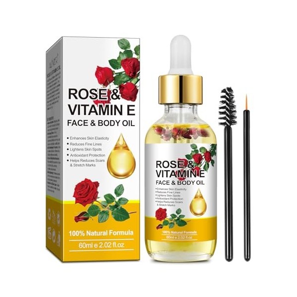 Huile de vitamine E à la rose, huile hydratante anti-âge pour la peau, améliore lélasticité et léclat de la peau, éclaircit