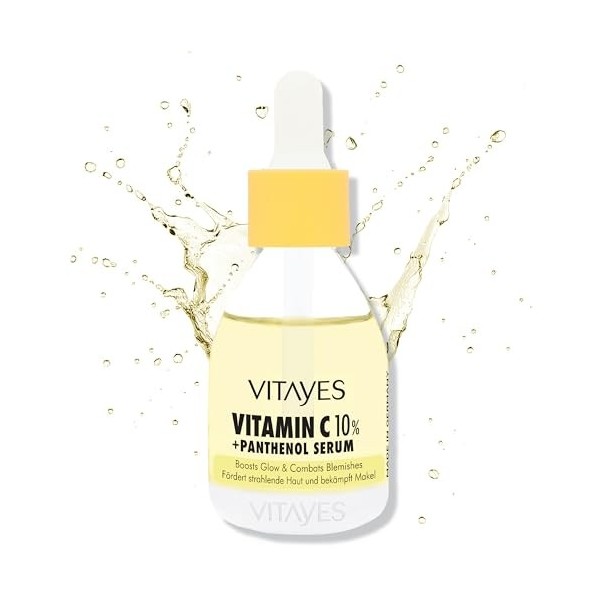 Vitayes Vitamin-C 10 % + Sérum panthénol - Rajeunissement de la peau très efficace - Anti-rides - Blanchissant - Hydratant - 