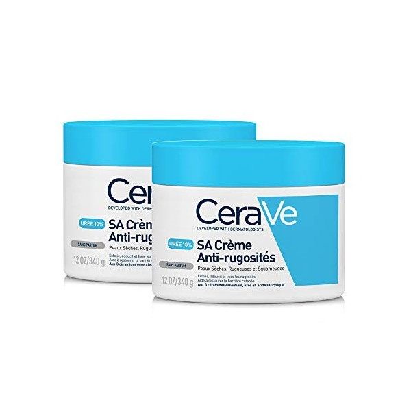 CeraVe Crème SA Anti-Rugosités | 2 x 340g | Crème Hydratante Corps & Visage 24h Exfoliante à lAcide Salicylique pour Peaux T ...