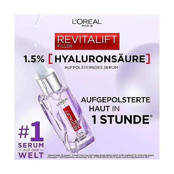 LOréal Paris Sérum à lacide hyaluronique, soin du visage anti-âge, avec 1,5% dacide hyaluronique pur et de vitamine C, sér