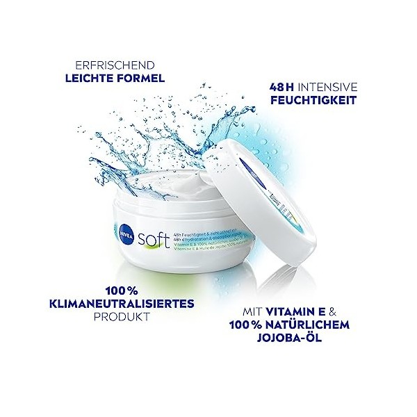 NIVEA Crème hydratante douce et rafraîchissante 200 ml , crème légère avec vitamine E et huile de jojoba 100 % naturelle, pé