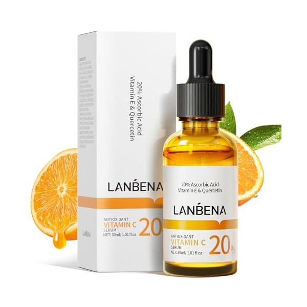 LANBENA Sérum de 20% Vitamine C pour le visage-30ml/1oz, éclaircit le teint, élimine les taches sombres et réduit les rides. 