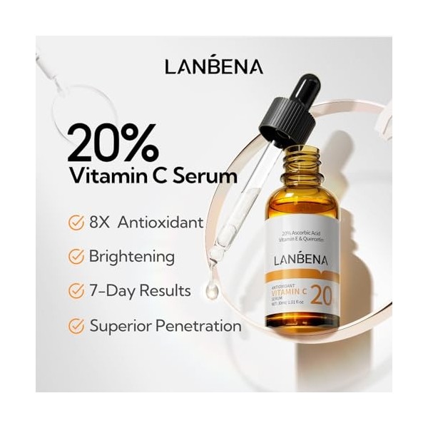 LANBENA Sérum de 20% Vitamine C pour le visage-30ml/1oz, éclaircit le teint, élimine les taches sombres et réduit les rides. 