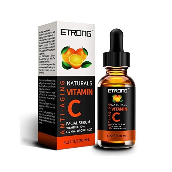 Sérum à la vitamine C pour le visage avec acide hyaluronique, vitamine E, 20 % de vitamine C pour anti-rides, cernes, ridules