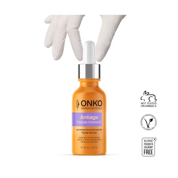 ONKO DERMACEUTICALS Antiage Peptide - Sérum visage à la vitamine C avec rétinol, acide hyaluronique, collagène, sérum hydrat