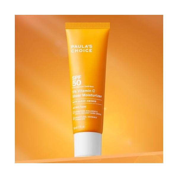 Paulas Choice 5% Vitamine C Crèmes de Jour SPF 50 - Crème Solaire Hydrate et Illumine la Peau - Calme les Signes de Sensibil