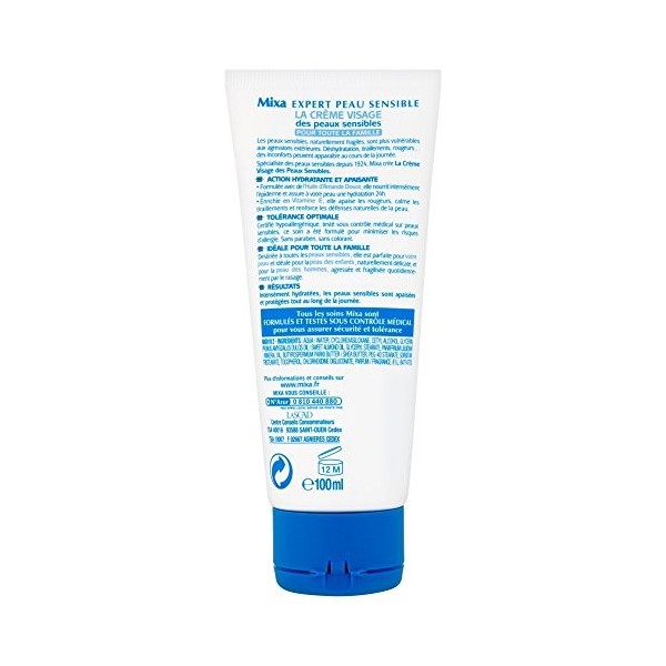 Mixa Expert Peau Sensible la Crème Visage des Peaux Sensibles à lHuile dAmande Douce et Vitamine E, 100ml Lot de 2 