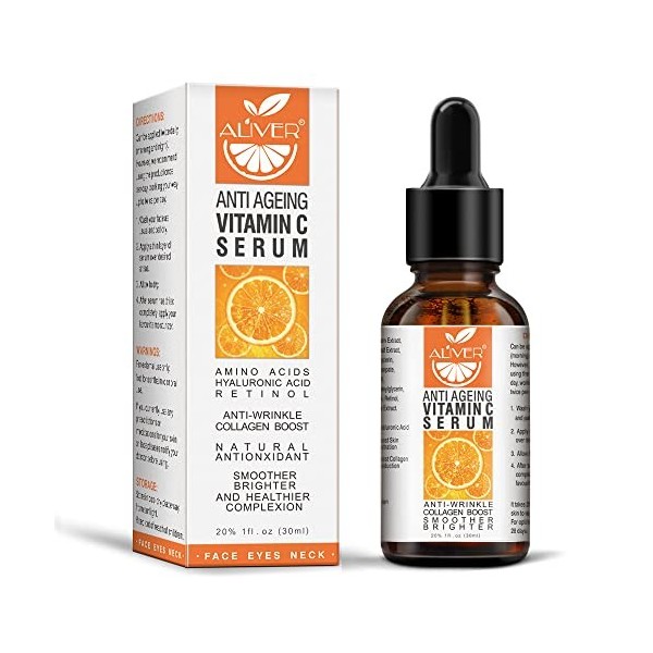 Sérum Vitamine C avec Acide Hyaluronique 30ML, 20% de Vitamine C Anti-âge avec, Anti-rides et Anti-taches, Sérum Visage pour 