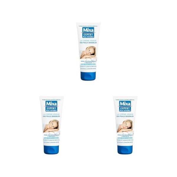 Mixa Expert Peau Sensible la Crème Visage des Peaux Sensibles à lHuile dAmande Douce et Vitamine E, 100ml Lot de 3 