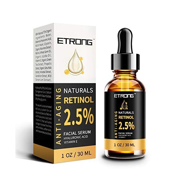 Sérum de rétinol, sérum anti-âge haute résistance avec 2,5% de rétinol, acide hyaluronique et vitamine E pour lacné du visag