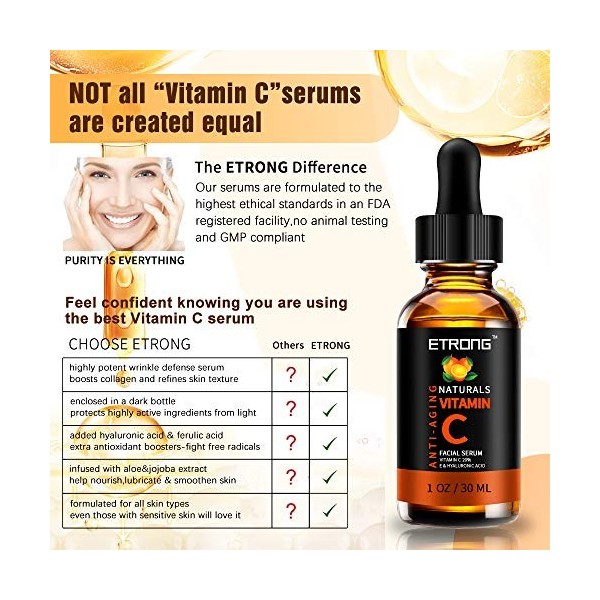 Sérum Vitamine C 20% - Une formule puissante et avancée- 30ml - Acide Hyaluronique 30ml 