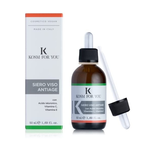 Kosmforyou Sérum Visage à lAcide Hyaluronique, Vitamine C, E Antioxydant Hydratant Anti-âge Bio et Vegan, Certifié AIAB Parf