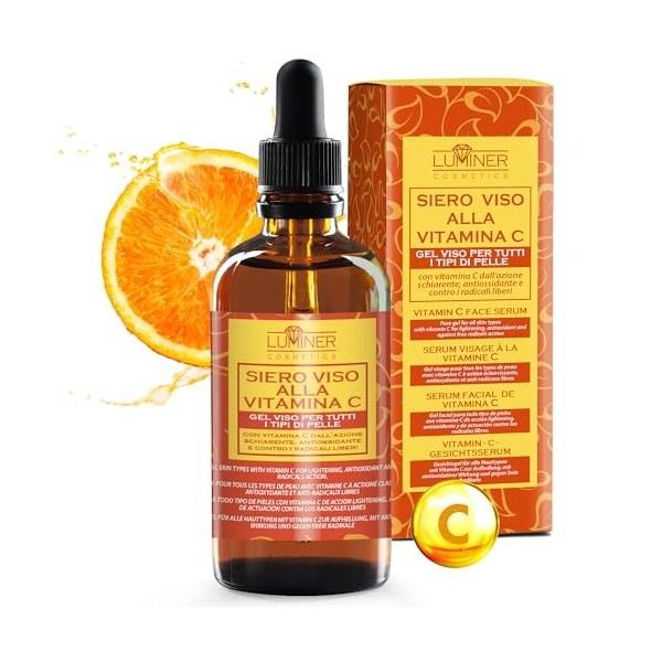 Luminer Sérum Vitamine C 100ml, Sérum Visage à lAcide Hyaluronique, Formule Anti-Rides Naturelle à la Bave dEscargot, Aloe 