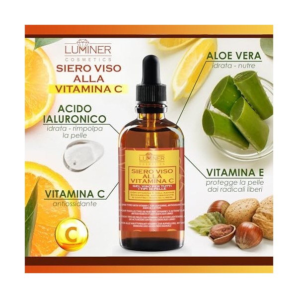 Luminer Sérum Vitamine C 100ml, Sérum Visage à lAcide Hyaluronique, Formule Anti-Rides Naturelle à la Bave dEscargot, Aloe 