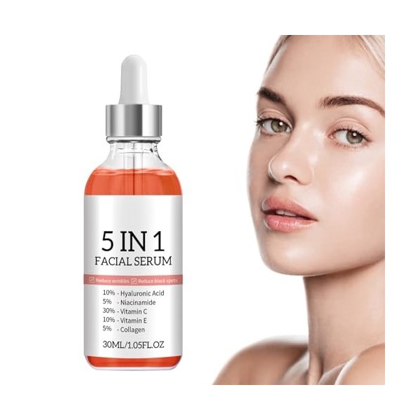 5 in 1 Facial Serum, Sérum de Soin de la Peau, Sérum Doux 5 en 1, Sérum Visage à la Vitamine C,E et Acide Hyaluronique, Anti-