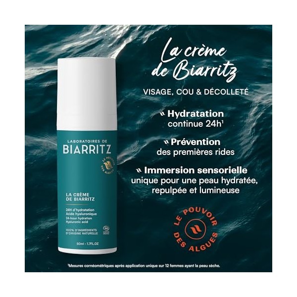 Laboratoires de Biarritz – La Crème de Biarritz – Hydrate & Aide à Prévenir les Premières Rides – Formule Vegan – Certifiée B