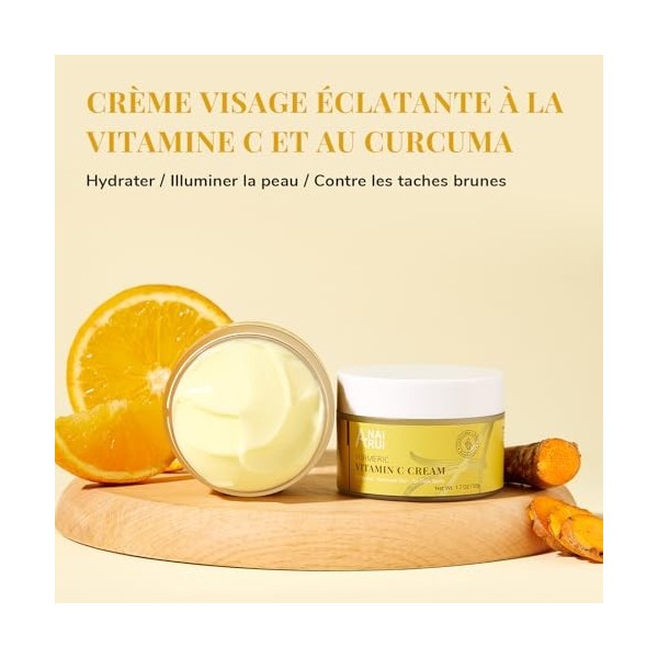 ANAiRUi Crème visage au curcuma et à la vitamine C, crème hydratante au collagène pour les peaux sèches pour les taches sombr