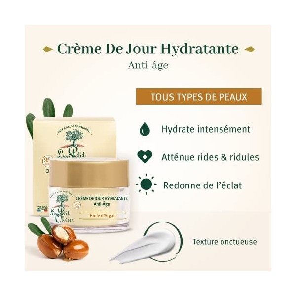 LE PETIT OLIVIER - Crème de Jour Hydratante Anti-Âge - Huile dArgan - Lisse & Raffermit - Tous Types De Peaux - 95% DOrigin