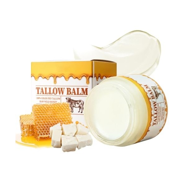 Beef Tallow for Skin, Tallow and Honey Balm, Natural Grass Fed Beef Tallow & Raw Wild Honey Balm, Organic Beef Tallow Face Mo