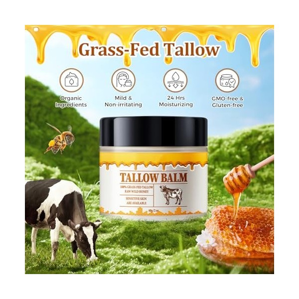 Beef Tallow for Skin, Tallow and Honey Balm, Natural Grass Fed Beef Tallow & Raw Wild Honey Balm, Organic Beef Tallow Face Mo