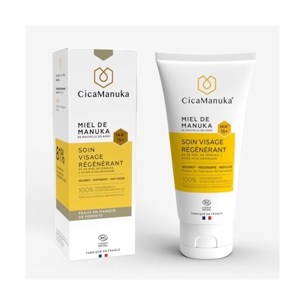 CICAMANUKA – Soin visage régénérant 5% de miel de Manuka IAA15+ et acide hyaluronique – Nourrit, Raffermit, Anti-rides - Peau