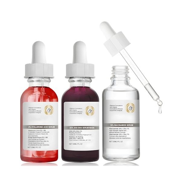 Allony Serum Hydratant Visage Set, Sérum Acide Hyaluronique/Niacinamide/Acide Salicylique, Hydrate, Éclaircit, Anti Acné, Raf