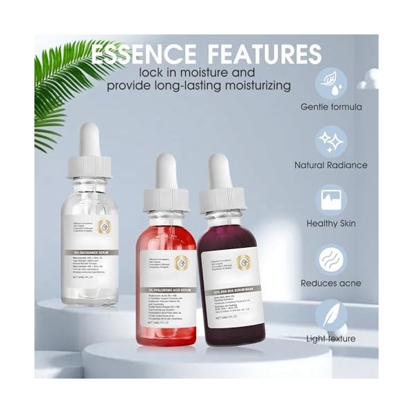 Allony Serum Hydratant Visage Set, Sérum Acide Hyaluronique/Niacinamide/Acide Salicylique, Hydrate, Éclaircit, Anti Acné, Raf