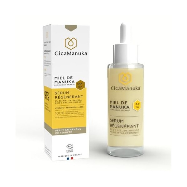 CICAMANUKA – Sérum visage régénérant 5% de miel de Manuka IAA15+ et acide hyaluronique – Hydrate, Redensifie, Lisse – Peaux e