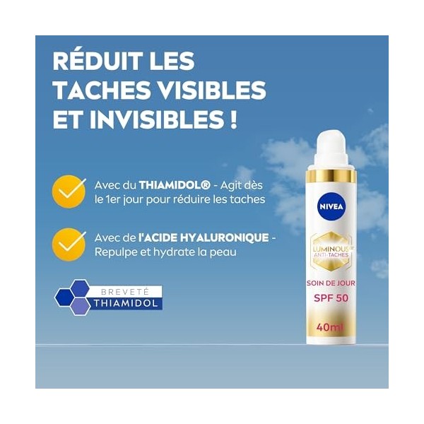 NIVEA Luminous 630 Soin de Jour Protecteur FPS 50 1x40 ml , soin visage anti taches et anti-âge au Thiamidol & Acide Hyaluro