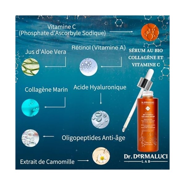 Vitamine C Serum Visage Collagene Acide Hyaluronique Retinol BIO 100ml |Soins de la Peau | Oligopeptides, Aloe Vera |Anti-âge