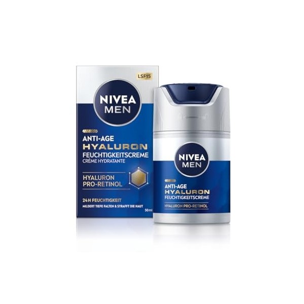 NIVEA MEN Crème hydratante anti-âge à lacide hyaluronique, au pro-rétinol et SPF 15 - Crème pour le visage hydratante pendan