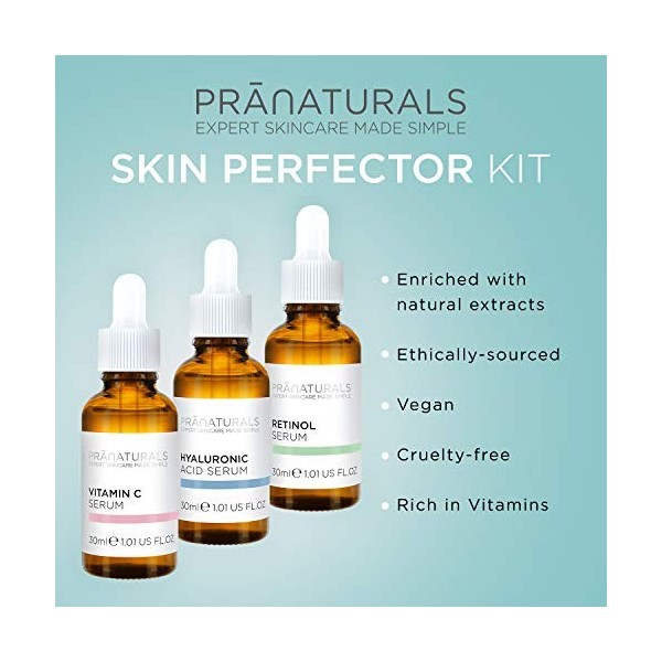 Kit de sérum visage perfecteur de peau PraNaturals 3x 30 ml - Acide hyaluronique, rétinol et Vitamine C - Elimine les ridules