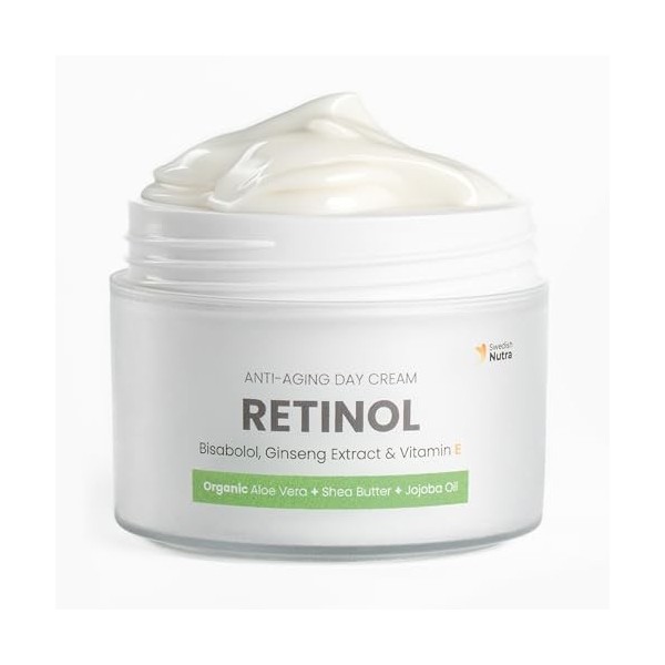 Crème de Jour Anti-Âge au Rétinol I Soin Peau Hydratée & Lisse I Bisabolol, Vitamine E, Aloe Vera Bio, Beurre de Karité, Huil