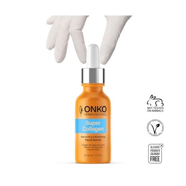 ONKO DERMACEUTICALS Sérum visage au super collagène, sérum pour le visage, acide hyaluronique, acide glycolique, rétinol, hy