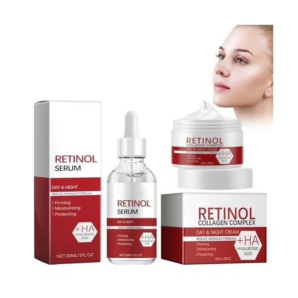 Dyceittdia 2pcs Set Rétinol, 30ml Extrait de Rétinol et 30g Crème Hydratante au Rétinol, Réduit les Ridules et les Cernes, Re