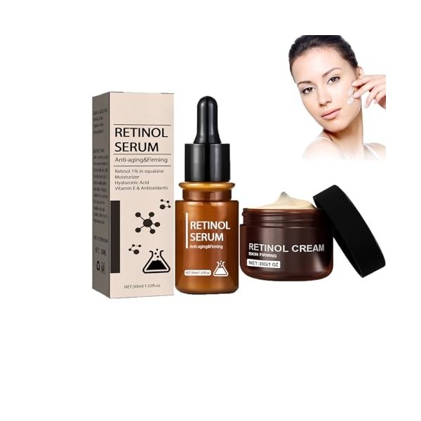 Dyceittdia 2pcs Set Rétinol, 30ml Extrait de Rétinol et 30g Crème anti-rides au Rétinol, Éclaircir le Teint, Hydrate et Rajeu