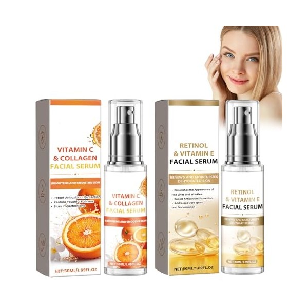 Essence de soin Matin C et Nuit A A Vitamine C Sérum Visage+Sérum Visage Retinol, Riche en Vitamine E, Sérum Éclaircissant 