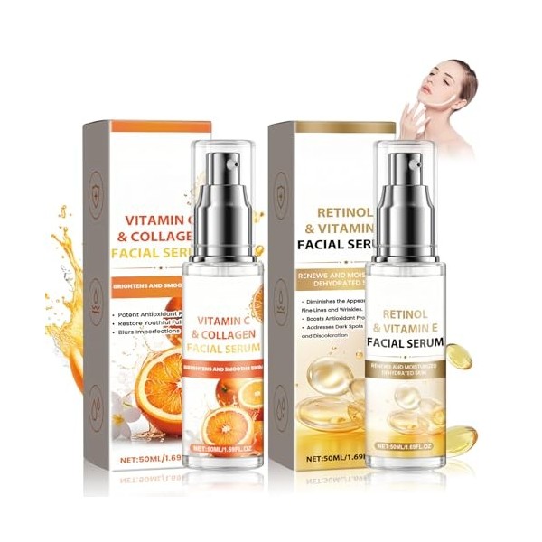 Allony Serum Hydratant Anti Tache Visage, 50ml Vitamine C Serum Visage+50ml Retinol Serum Visage, Sérum Vitamine C, éclaircir