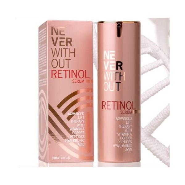 Neverwithout Retinol Sérum Visage + Haute Dose Acide Hyaluronique Pour un Effet Lifting Immédiat + Peptides Anti-Âge, Vitamin