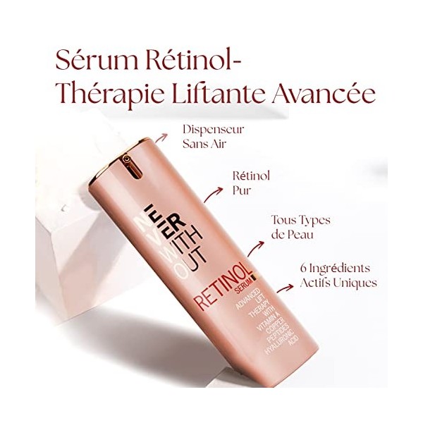 Neverwithout Retinol Sérum Visage + Haute Dose Acide Hyaluronique Pour un Effet Lifting Immédiat + Peptides Anti-Âge, Vitamin