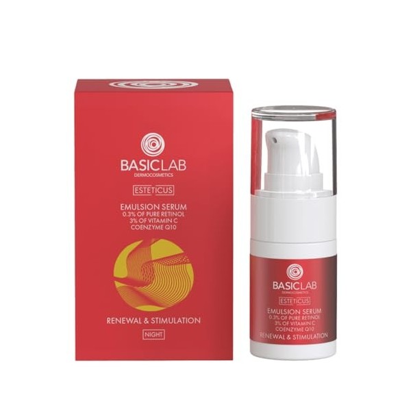 BasicLab Dermocosmetics Emulsion Sérum visage avec rétinol, coenzyme Q10 et vitamine C | 15 ml | Sérum de nuit anti-rides pou