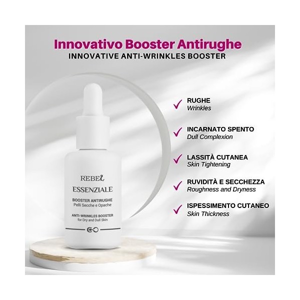 Rebel ESSENZIALE | Sérum visage booster antirides | Illuminateur antioxydant | Bakuchiol rétinol végétal et vitamine C | An