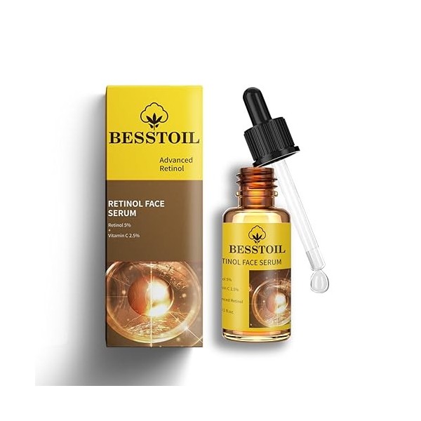 Sérum au rétinol pour le visage, sérum anti-âge haute résistance avec 5 % de rétinol et 2,5 % de vitamine C. Effet synthétiqu