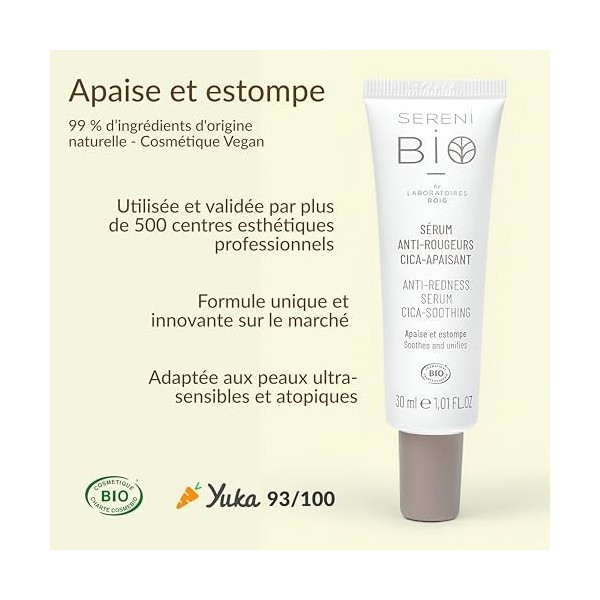 Séréni Bio Sérum Anti-Rougeurs Centella Asiatica - Soin Visage Professionnel Certifié Bio Végan et Équitable - Apaise et Esto