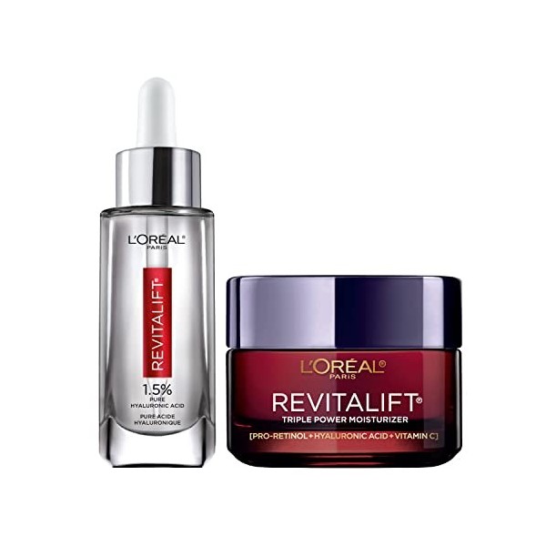 LOreal Paris Skin Care Revitalift Hyaluronic Acid Facial Serum and Triple Power Face Moisturizer Anti-Aging Skin Care Set, 1