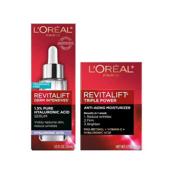 LOreal Paris Skin Care Revitalift Hyaluronic Acid Facial Serum and Triple Power Face Moisturizer Anti-Aging Skin Care Set, 1