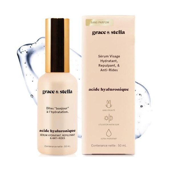 Grace & Stella - Serum Acide Hyaluronique Visage avec Pompe - Vegan - Serum Visage Anti Ride Homme Femme - Hydrate, Élimine R