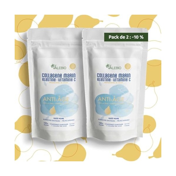 Pack 2 Collagènes marins en poudre goût poire, type 1-3, Elastine & Vitamine C | Anti-âge & anti rides | 150g | Cure 1 mois |