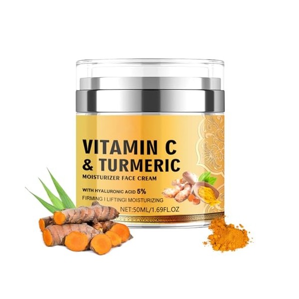 Crème au Curcuma et Vitamine C pour le Visage, Crème pour le Visage Anti-Âge et Effet Liftant au Collagène, Hydratant Facial 